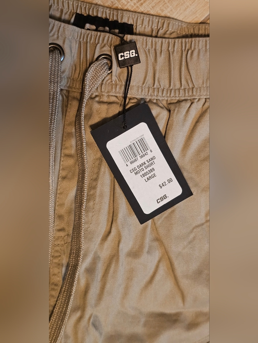 CSG Moto Shorts Men's Large Dark Sand Khaki Cotton Cargo Casual Drawstring NEW - Picture 3 of 8